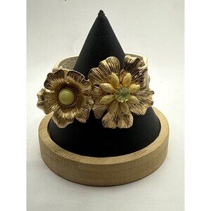 Vintage Leather Adjustable Bracelet Gold & Gemstone Floral Accents